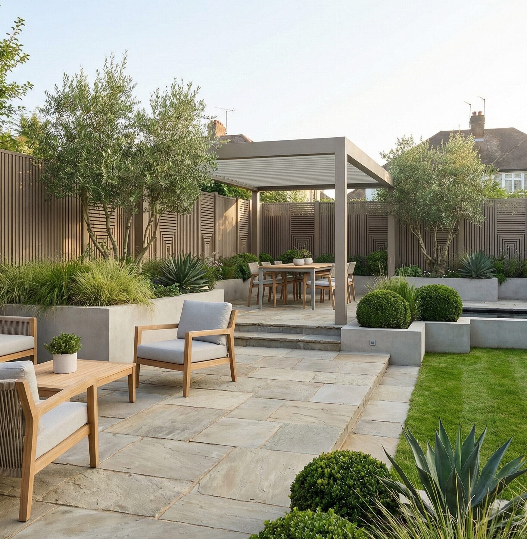 Moderner Designergarten mit Terrasse, Pergola und stilvoller Bepflanzung in Stuttgart