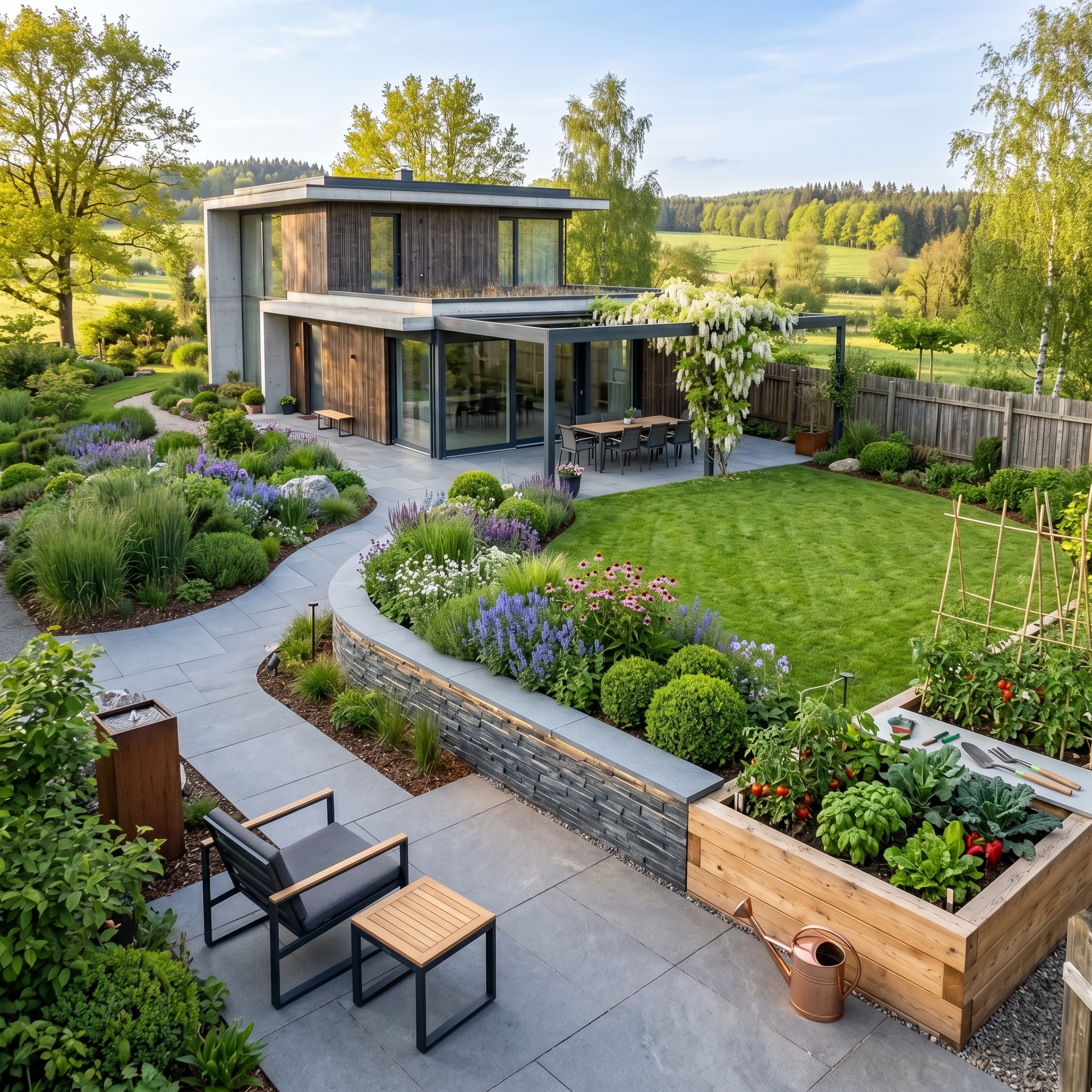 Moderner Traumgarten mit Designerhaus in Stuttgart mit exklusiver Gartengestaltung, hochwertiger Bepflanzung und stilvollem Garten- und Landschaftsbau vom Galabau-Profi