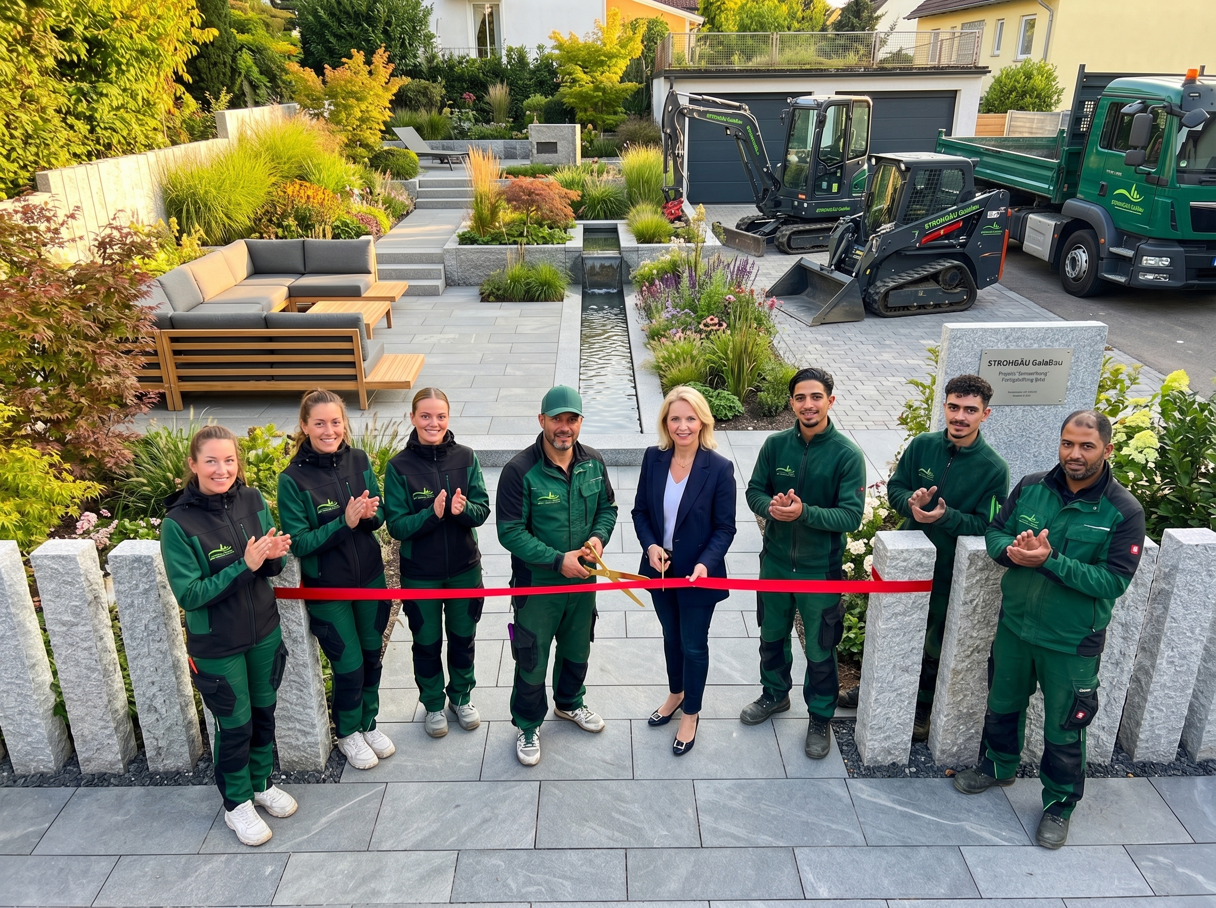 Professionelle Gartenabnahme mit Kunde in Stuttgart nach moderner Gartengestaltung, Pflasterarbeiten und hochwertigem Garten- und Landschaftsbau von STROHGÄU GaLaBau