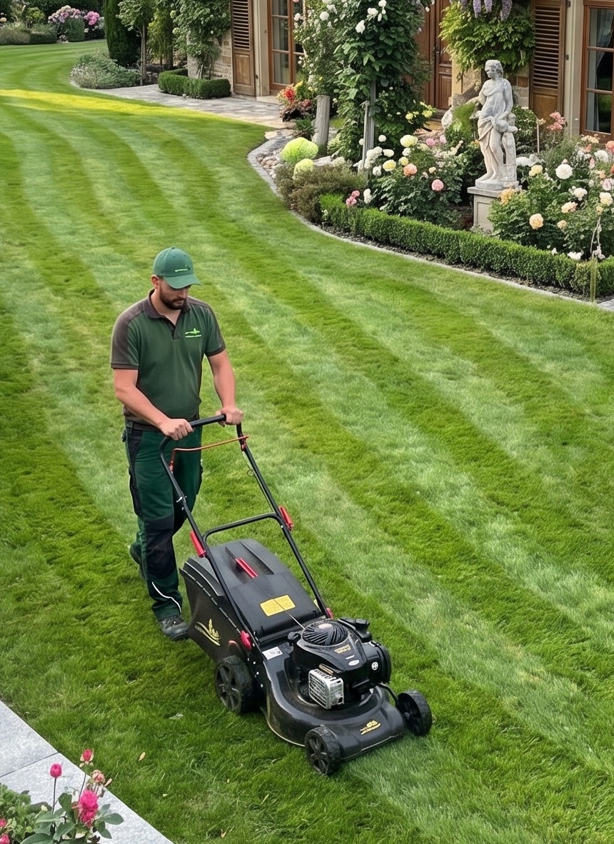 Professionelles Rasenmähen und Gartenpflege in Stuttgart mit gepflegten Grünflächen und moderner Außenanlagenpflege vom erfahrenen Galabau-Fachbetrieb