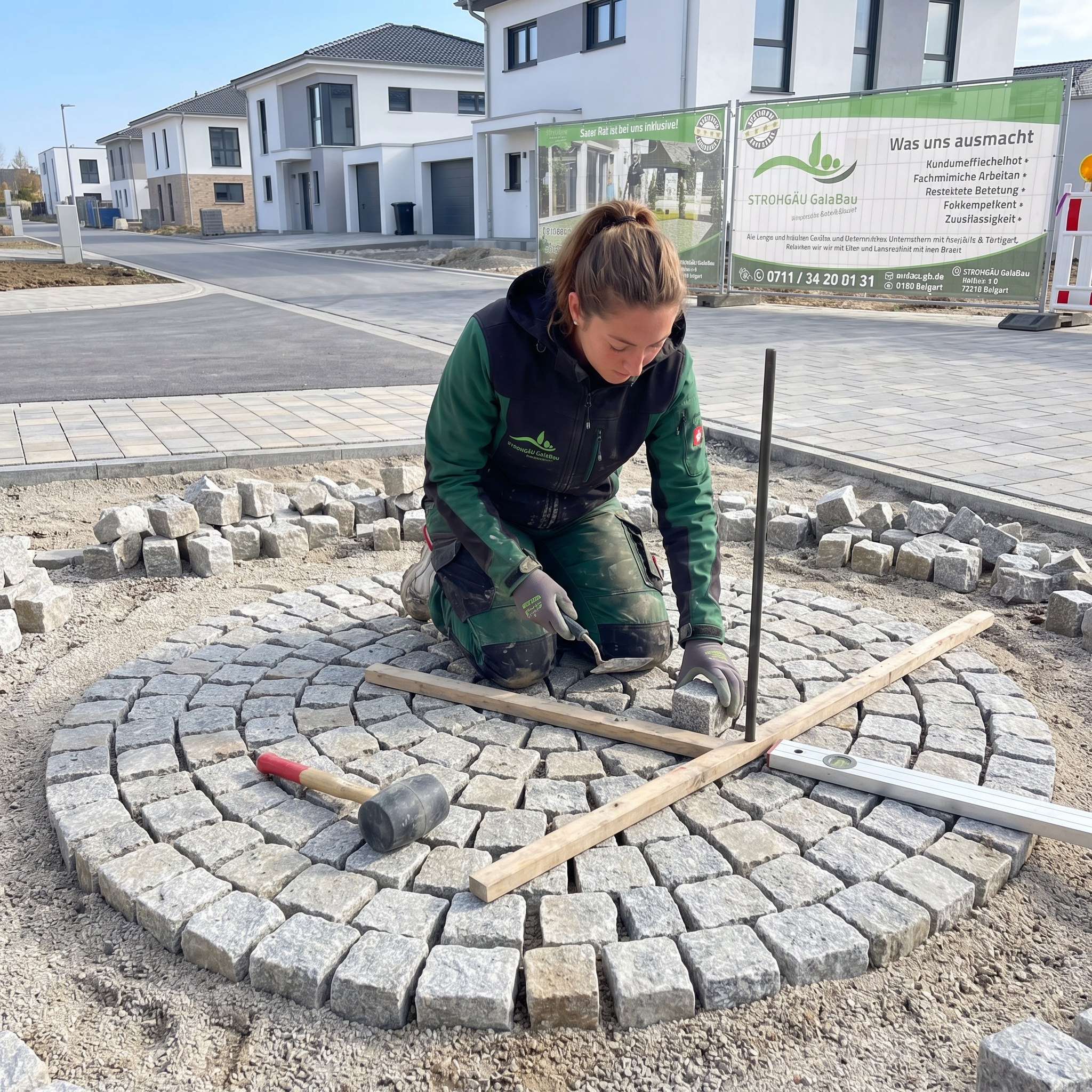 Professionelles Verlegen von Kopfsteinpflaster in Stuttgart mit präziser Pflastertechnik, hochwertigem Naturstein und modernem Garten- und Landschaftsbau von STROHGÄU GaLaBau
