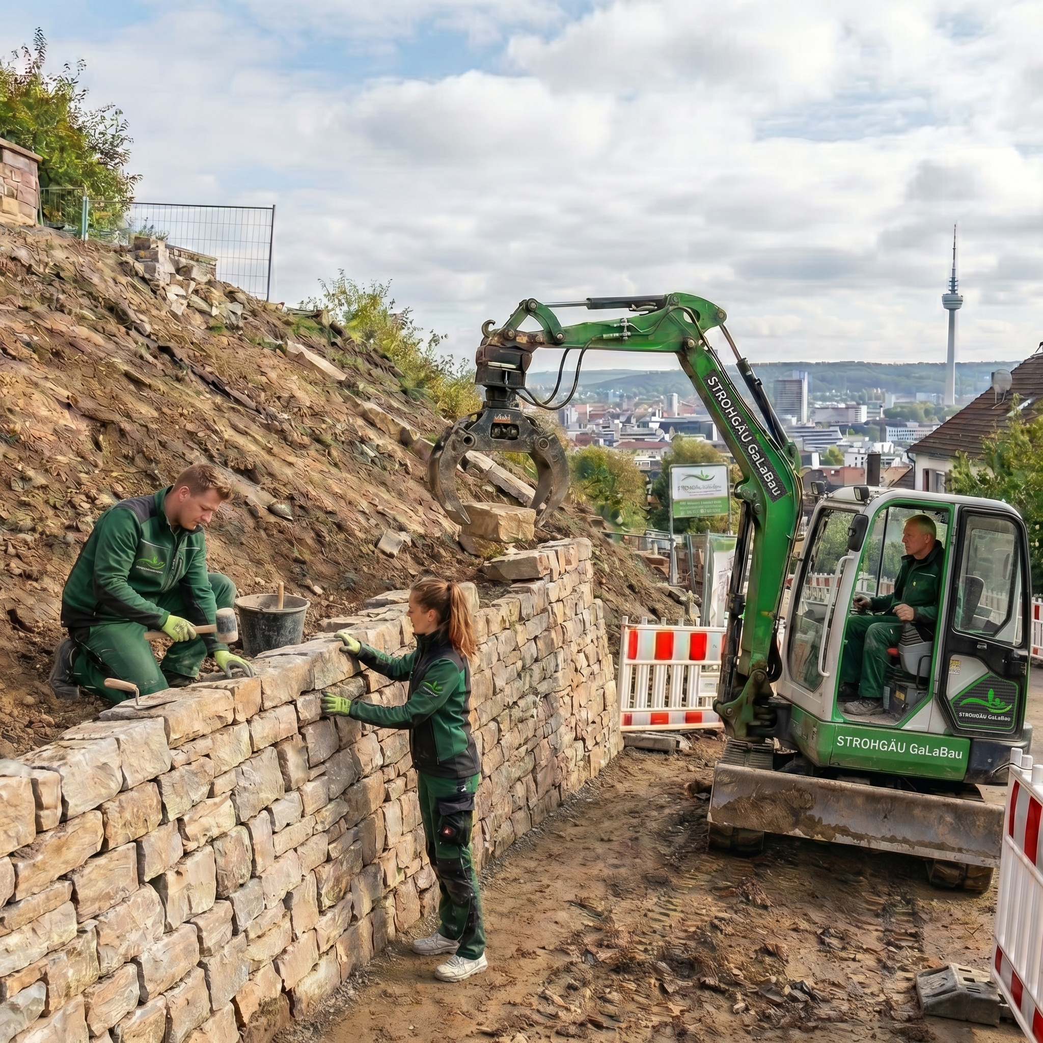 Professionelle Trockenmauerarbeiten an einer Stützmauer in Stuttgart mit Bagger, Naturstein und modernem Garten- und Landschaftsbau von STROHGÄU GaLaBau