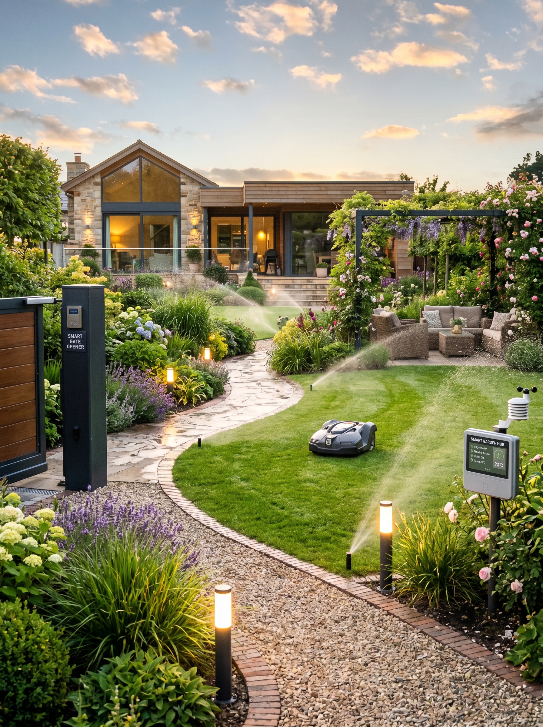 Vollständiger smarter Garten in Stuttgart mit automatischer Bewässerung, intelligenter Gartenbeleuchtung, Rasenroboter und moderner Smart-Gardening-Technik